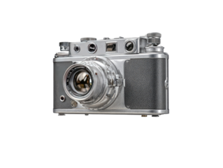 Vintage silver camera, side view.  Shiny metallic body, textured dark gray panel,  large lens