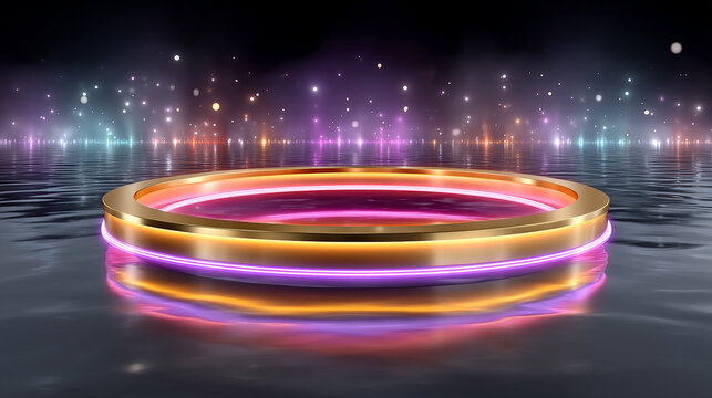 Golden podium with neon lights on water - Powered by Adobe