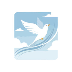 White Dove Flying Serene Sky. An elegant bird ascends through a bright atmosphere with light clouds, symbolizing tranquility, freedom, and spiritual hope.