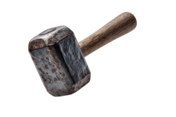 Rusty sledgehammer, angled view, wooden handle