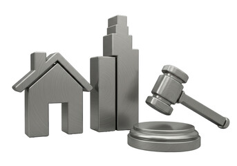 Isolated Metal objects symbolizing property law in real estate with house, building, gavel concept