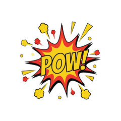 Vibrant Pow Comic Book Pop. Bright yellow graphic with 'POW!' in a striking explosion, surrounded by red and yellow elements on a dark background. This lively design depicts impact, surprise, and.