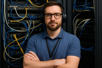 Confident IT technician wearing headphones and posing with crossed arms in a server room, ensuring efficient network operations and maintenance