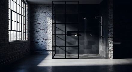 Industrial Bathroom Interior Featuring Shower Area, Sunlight, Modern Design and Brick Wall