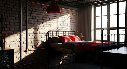 Industrial Bedroom Interior With Red Accents and Natural Light Streaming In