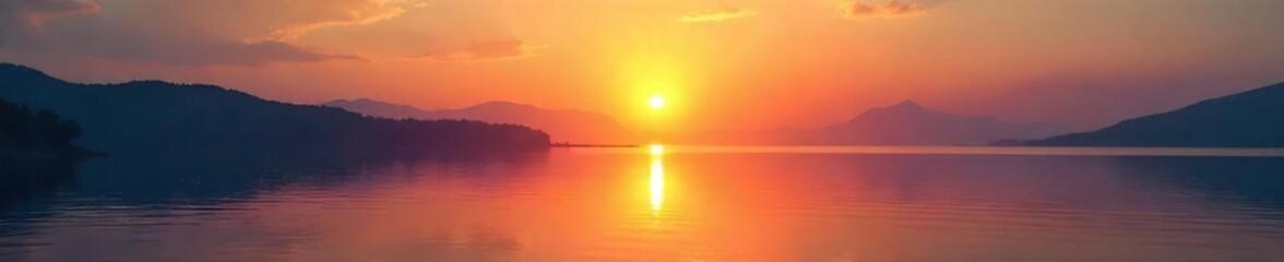 Fototapeta premium Serene sunrise over calm water, reflecting the peaceful renewal found in daily meditation Perfect for wellness, mindfulness, and spiritual themes , clouds, relaxation