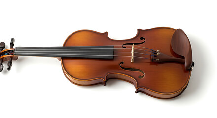 Fototapeta premium A full view of a brown violin with black strings and tuning pegs on a white surface in horizontal view ai generated