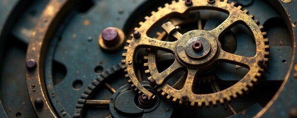 Intricate clockwork mechanism, gears interlocked, revealing complex engineering and intricate detail  A study in precision and mechanical complexity ,  artifact,  machinery,  mechanism