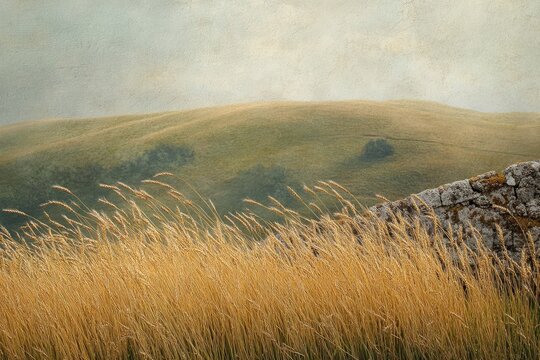 Golden wheat stalks sway gently in the breeze, framing a tranquil landscape of rolling green hills under a soft, muted sky.