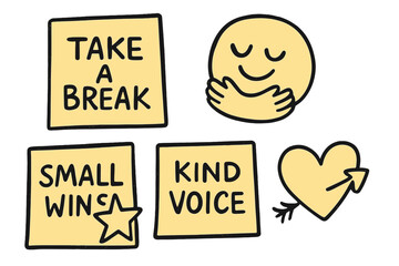 Self-Care Doodles. Self-care reminders: hand drawn doodles of post-it notes, “take a break”, hug emoji, small wins star, kind