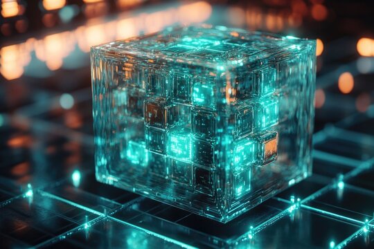 A transparent cube containing smaller glowing cubes, a futuristic digital data structure.