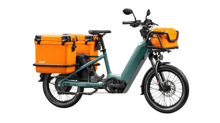 Teal electric cargo bike with orange cooler boxes