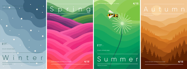 Fototapeta na wymiar 4 seasons: winter, spring, summer and autumn. Vector modern abstract illustrations of winter snow landscape, blooming fields, nature with bee and dandelion and coniferous forest for background, poster