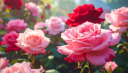 A vibrant display of roses in varying shades of pink and red, bathed in sunlight, showcasing a garden's beauty.