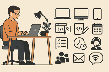 Remote Work Essentials. Horizontal vector banner featuring remote worker at desk and comprehensive home office icon set for