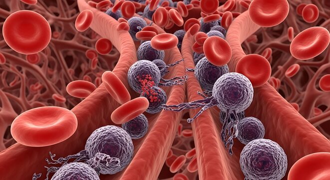 Blood Cancer Illustration Showing Abnormal White Blood Cells in Human Bloodstream &ndash; Leukemia Medical Concept
