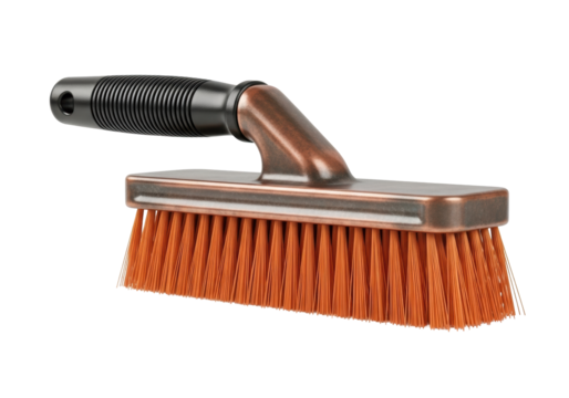Broad heavy-duty utility brush with charcoal black ribbed metallic grip, oxidized copper ferrule, polymer bristles with fiery orange tips, isolated on white, concept of durable industrial cleaning