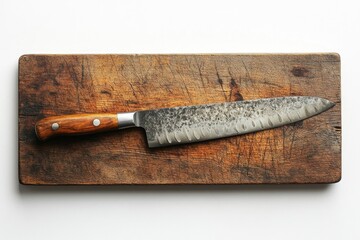 A well-used chef's knife rests on a rustic wooden cutting board.