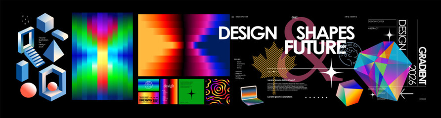 Fototapeta na wymiar Design. Abstract modern neon gradient objects. Vector illustration of bright multicolored gradients, crystal, 3d geometric shapes, isometric, typography for poster, cover or banner