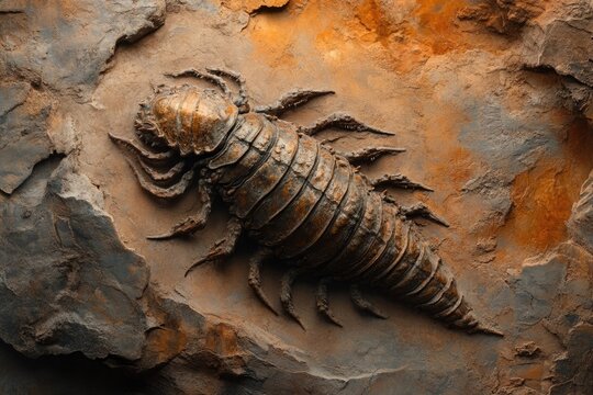 Well-preserved fossil of an ancient sea scorpion embedded in sedimentary rock, showcasing intricate details of its segmented body and appendages.
