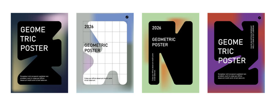 Posters with gradient minimalistic basic figures, extraordinary graphic assets of geometrical shape. Modern minimal colorful print brutalist.	
