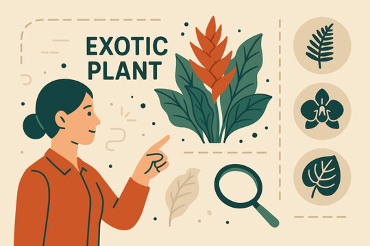 Tropical Flora Exploration. Creative vector layout with guide pointing at exotic plant and tropical flora icon set for fern,