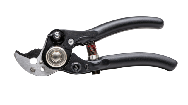 Close-up of a small, black pruning shears.  Metal blades, black handles, and several small mechanical parts are visible.  Tool is angled slightly