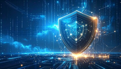 Digital shield graphic over circuit board backdrop