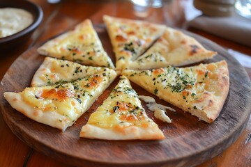 Cheese naan cut into triangles, filled with gooey melted cheese and herbs, arranged on a rustic wooden plate 