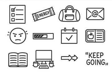 Tuesday Task Icons. Tuesday doodle icon set: hand drawn icons of checklist, energy bar, gym bag, email reply, focused face,