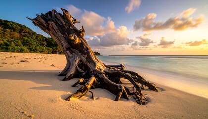 Driftwood on a beach at sunrise