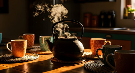 Inviting Warmth: Capturing the Cozy Ambiance of a Steaming Kettle and Teacups