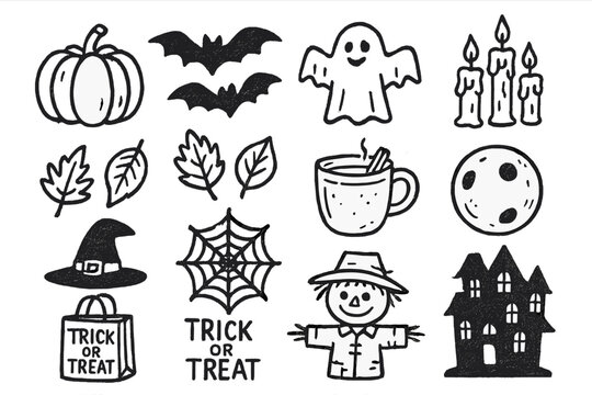 October Doodle Icons. October doodle icon set: hand drawn icons of pumpkins, bats, Halloween costume, spooky candles, falling