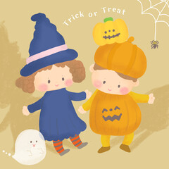 ハロウィン 魔女 ジャックオーランタン 仮装をする子供たち