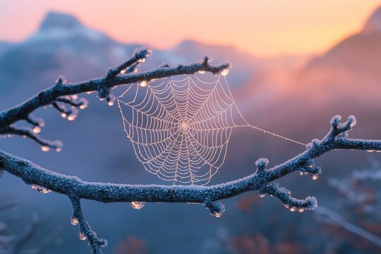A frosty spiderweb delicately hangs from a snow-covered branch at sunrise, a serene winter scene.