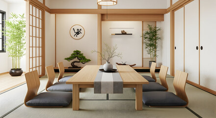 Japanese interior design with a minimalist dining room and natural elements