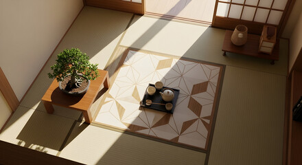Japanese Interior: Traditional Bonsai, Tea Set, and Geometric Tatami Mat, Zen Concept
