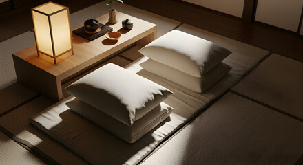 Japanese interior design with pillows, lamp, and tea set on tatami mat for relaxation