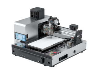 Modern, metallic 3D milling machine with a flat work surface