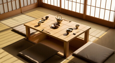 Japanese tea ceremony setup indoors with traditional elements and soothing sunlight creating peaceful vibes