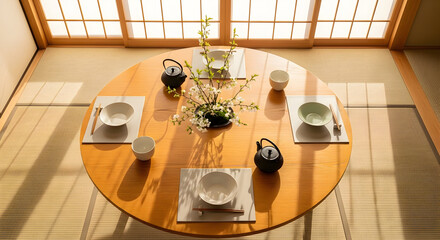 Japanese Tea Ceremony Table Setting with Bowls Chopsticks and Teapots Close Up
