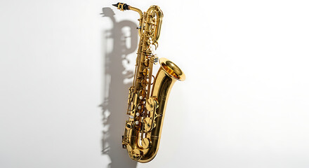 Naklejka premium A golden saxophone standing upright casting a shadow against a white background in a studio shot ai generated
