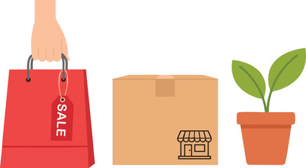 Collection of flat vector icons symbolizing retail and modern e commerce. Features a hand holding a sale bag, a box for shipping and a plant for sustainable commerce