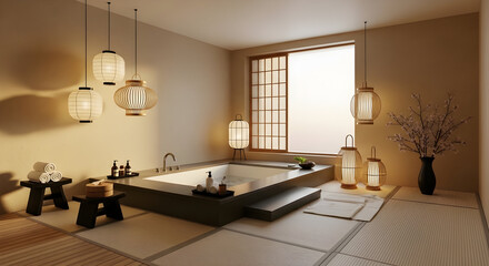 Japanese-style bathroom interior design with a bathtub, lanterns and elegant lighting