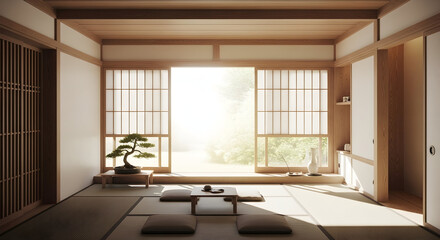 Japanese-style interior, showing a serene ambiance and traditional minimalist design