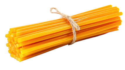 A bundle of bright yellow, cylindrical sticks tied with twine