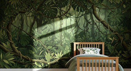 Jungle themed bedroom interior with wooden bed and tropical forest mural wallpaper
