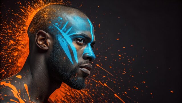 A bold image showing a man with a dramatic asymmetrical neon blue design painted on one side of his face contrasting sharply with vibrant orange splatters that catch the light and