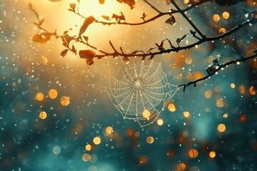 Dew-kissed spiderweb hangs from a branch, bathed in the soft glow of sunrise, creating a magical autumn scene.