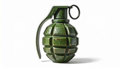 Green pineapple-style hand grenade with segmented body, safety lever, and pull ring pin, symbolizing military design, combat readiness, and explosive tension.